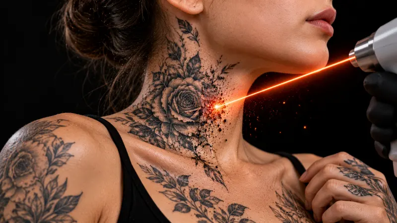 Удаление тату на шее и открытых зонах, Laser Atom Казань